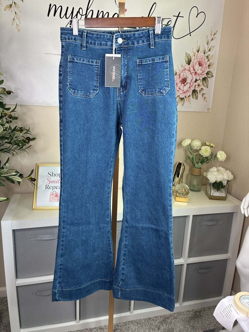 Uoozee High Rise Patch Pocket Flare Women’s Jeans New Blue